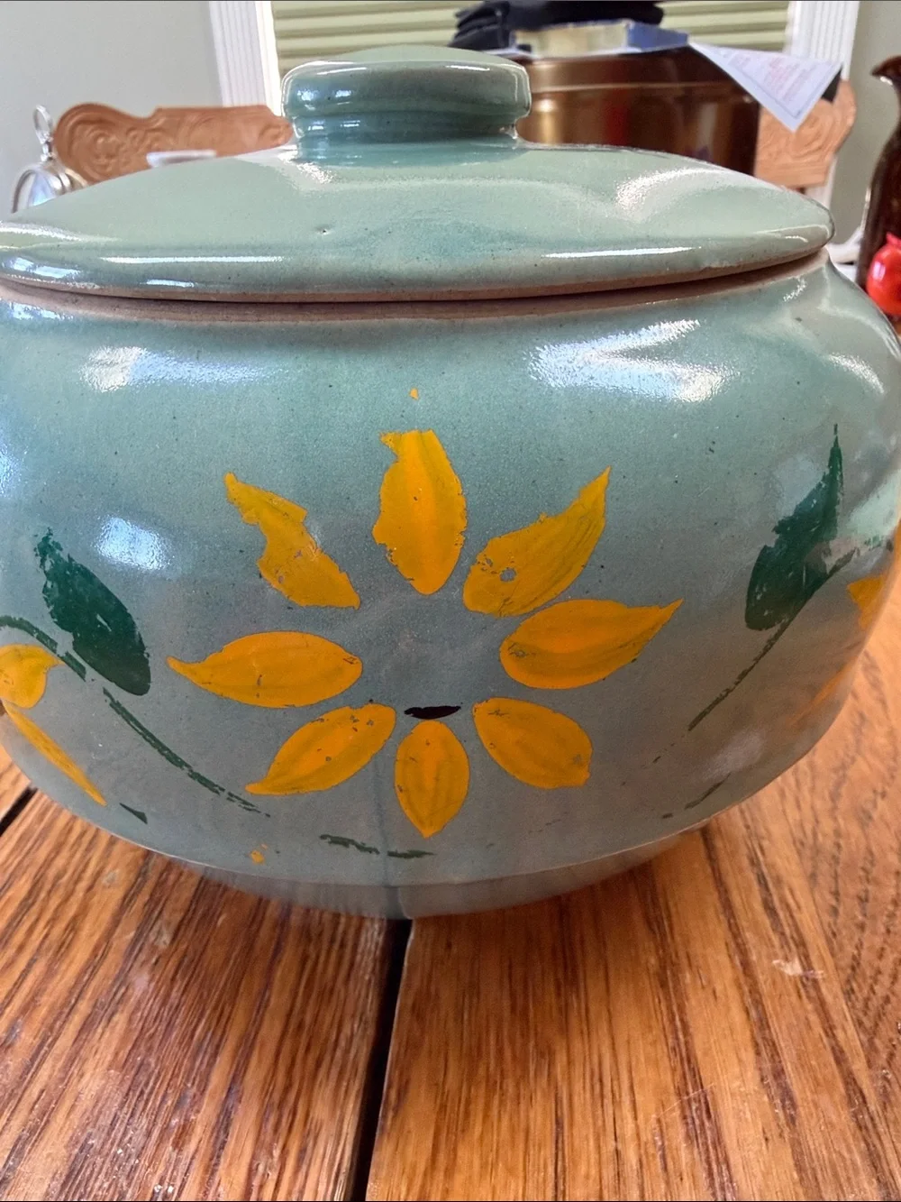 Rare Vintage Harper J Ransburg turquoise lidded cookie jar. Yellow floral.